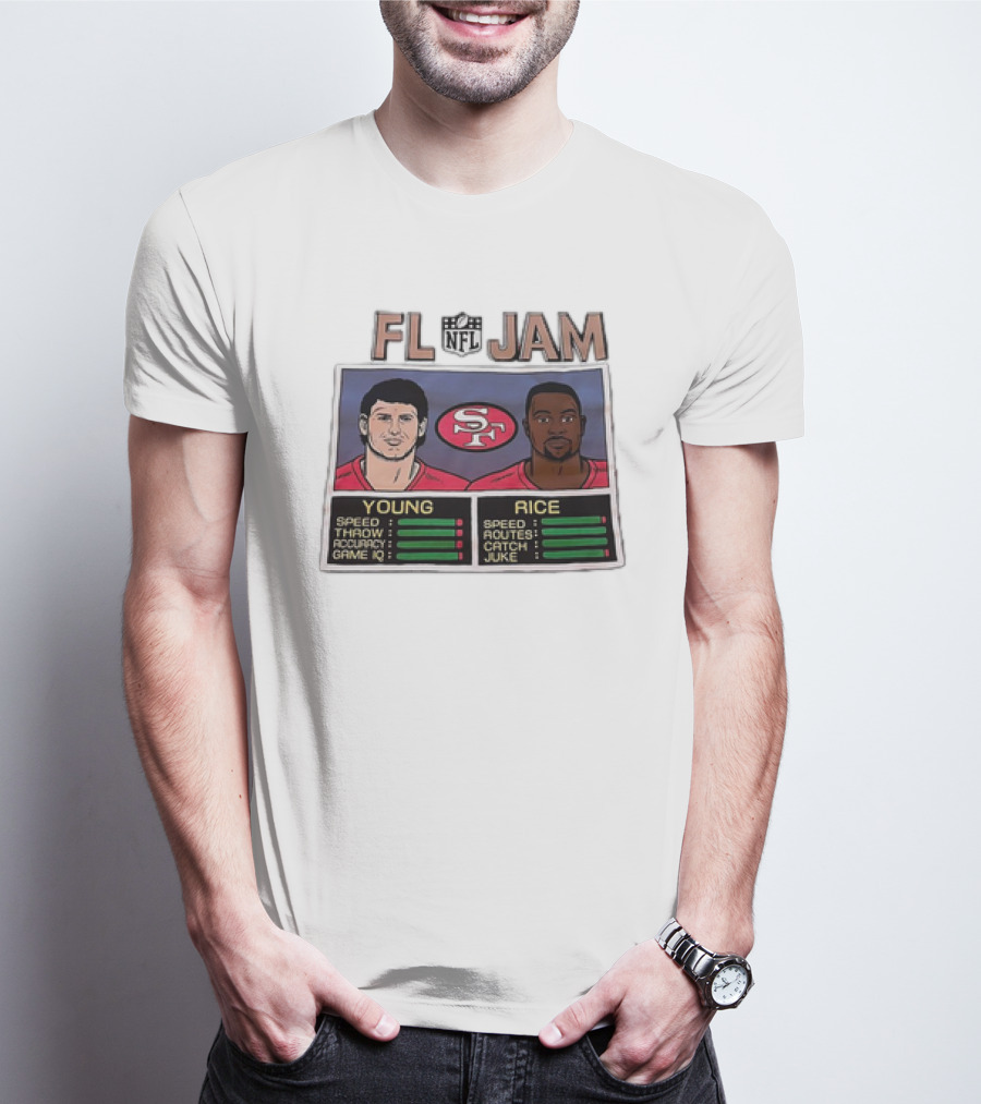 NFL Jam San Francisco 49ers Young Rice Speed Throw Catch T-Shirt