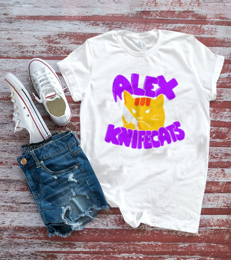 Alex Knifecats Orange Cat Purple Text T-Shirt