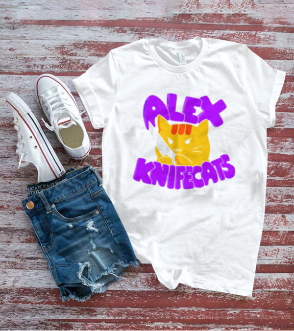 Alex Knifecats Orange Cat Purple Text T-Shirt