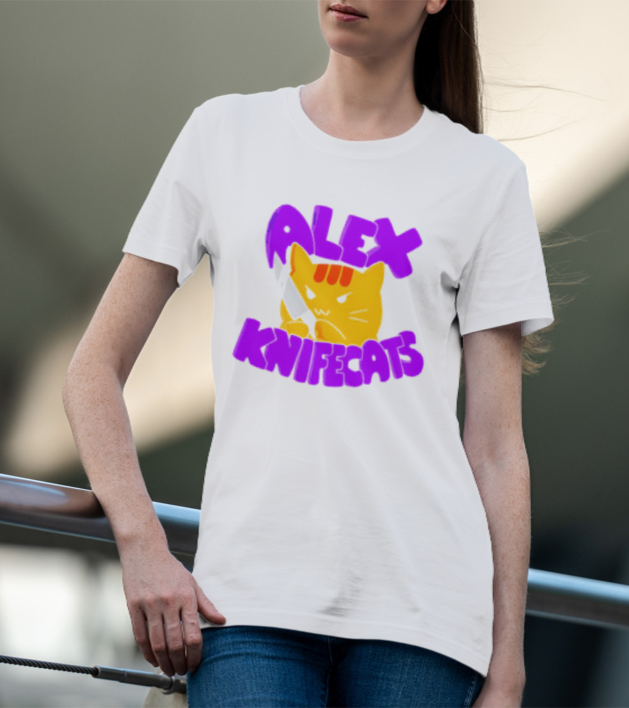 Alex Knifecats Orange Cat Purple Text T-Shirt
