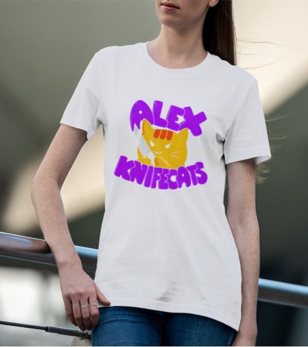 Alex Knifecats Orange Cat Purple Text T-Shirt