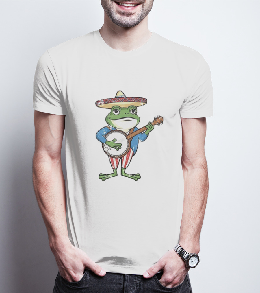 Frog In Sombrero Playing Banjo In Patriotic T-Shirt