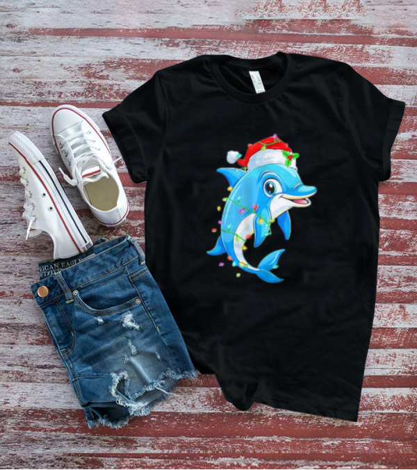 Dolphin In Santa Hat Wrapped In Christmas Tree Lights Pajamas T-Shirt