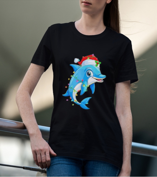 Dolphin In Santa Hat Wrapped In Christmas Tree Lights Pajamas T-Shirt
