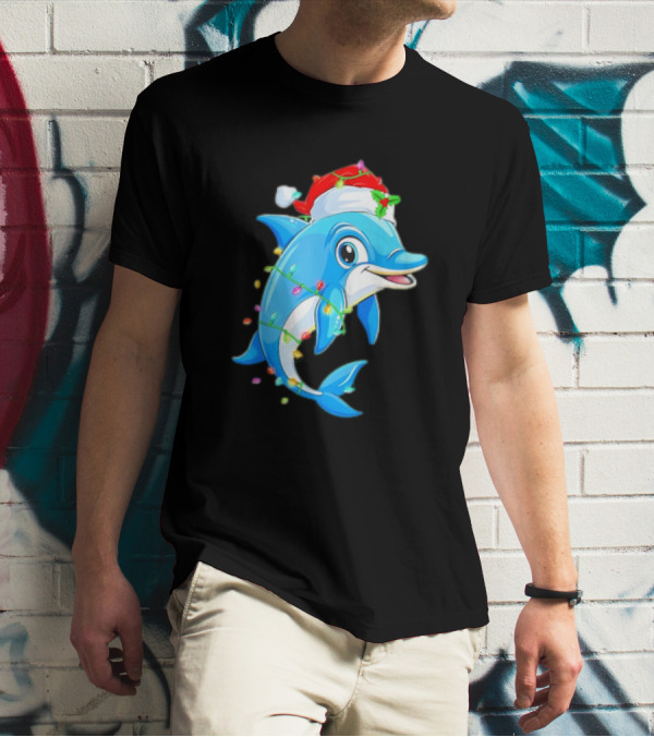 Dolphin In Santa Hat Wrapped In Christmas Tree Lights Pajamas T-Shirt