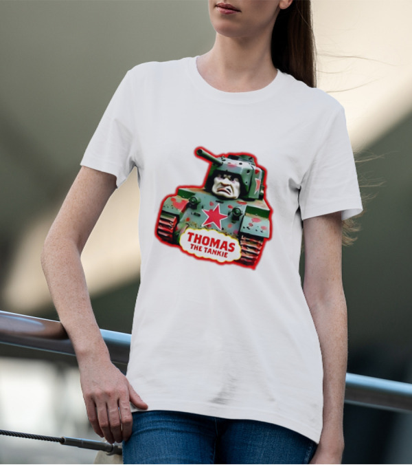 THOMAS THE TANKIE Green Camouflage Tank Red Star Cartoon Face T-Shirt