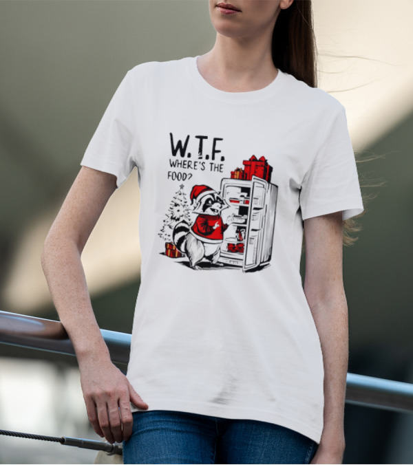 W.T.F. Where's The Food Christmas Foodie Raccoon With Fridge And Santa Hat T-Shirt