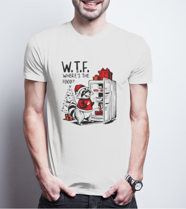W.T.F. Where's The Food Christmas Foodie Raccoon With Fridge And Santa Hat T-Shirt