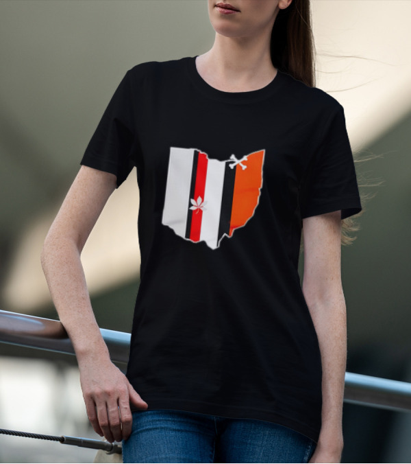 Ohio Map Stripes Football Buckeye Leaf Browns Colors T-Shirt