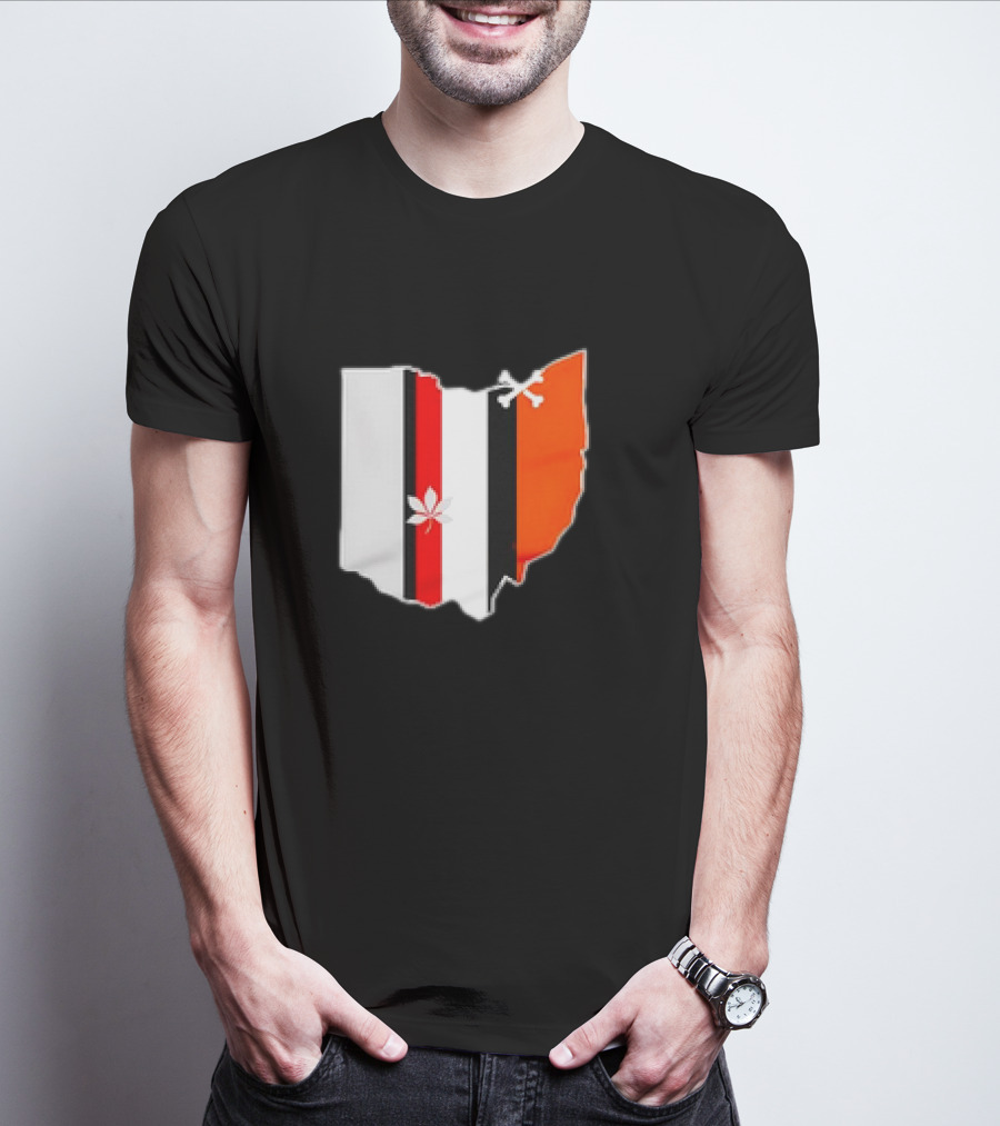 Ohio Map Stripes Football Buckeye Leaf Browns Colors T-Shirt
