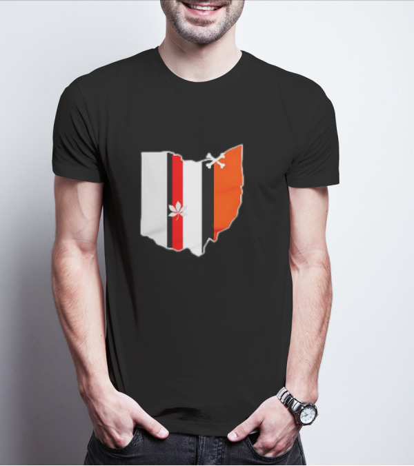 Ohio Map Stripes Football Buckeye Leaf Browns Colors T-Shirt