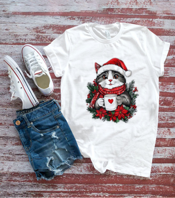 Christmas Cat Santa Hat Coffee Mug Festive T-Shirt