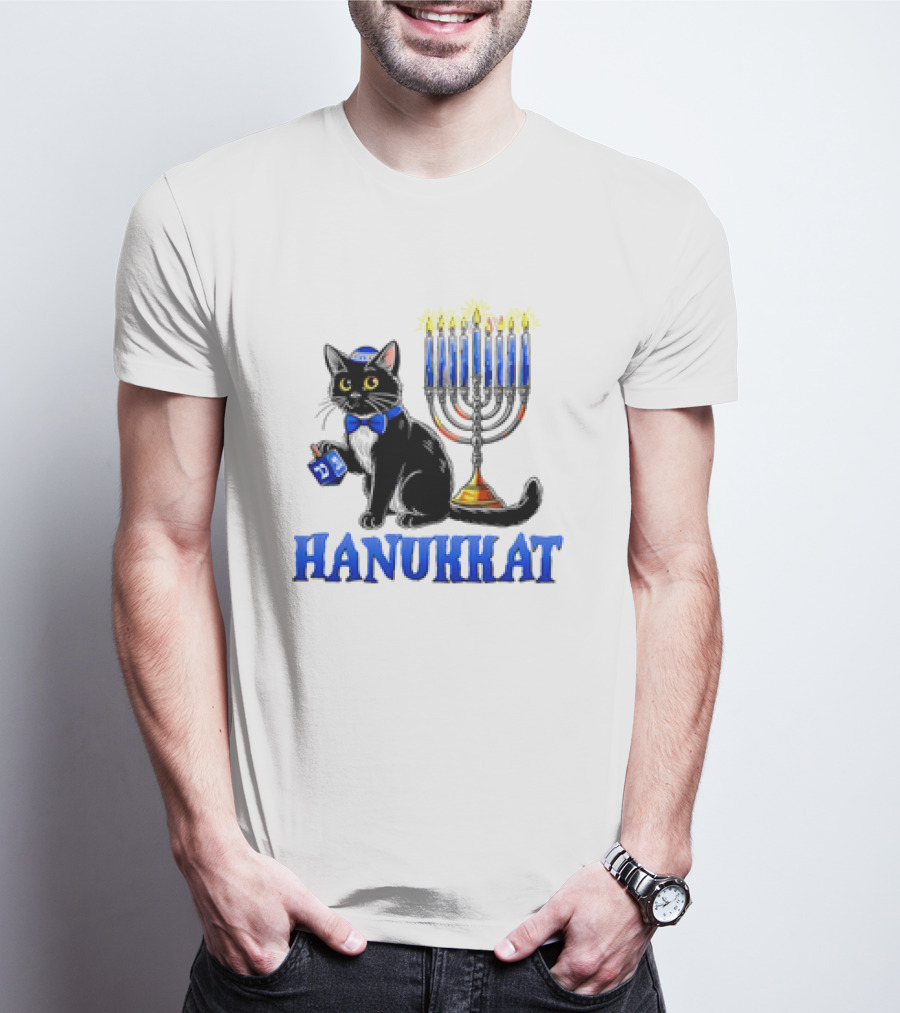 Hanukkat Cute Happy Hanukkah Jewish Cat Menorah Chanukah T-Shirt