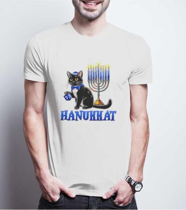 Hanukkat Cute Happy Hanukkah Jewish Cat Menorah Chanukah T-Shirt