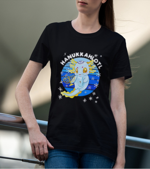 Hanukkahlotl Axolotl Dreidel Menorah Snowflakes Retro T-Shirt