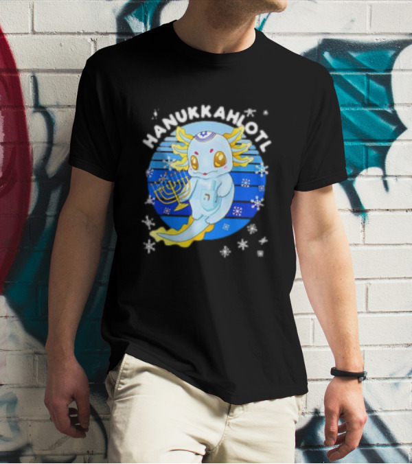 Hanukkahlotl Axolotl Dreidel Menorah Snowflakes Retro T-Shirt