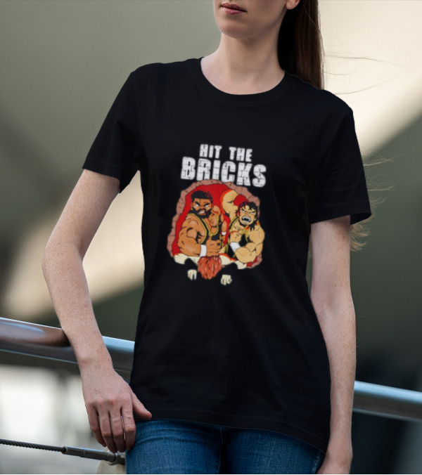 Hit The Bricks Cartoon Wrestlers Breaking Through Wall T-Shirt