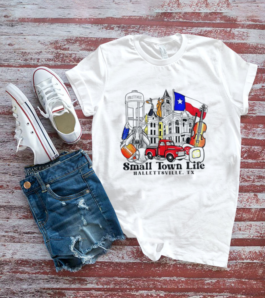 Small Town Life Hallettsville TX Water Tower Historic Courthouse Red Truck Texas Flag Cow Guitar T-Shirt