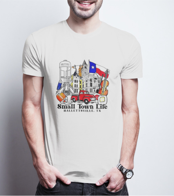 Small Town Life Hallettsville TX Water Tower Historic Courthouse Red Truck Texas Flag Cow Guitar T-Shirt