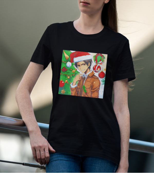 Eren Yeager Santa Hat Christmas Attack On Titan Anime Festive Tree Ornaments T-Shirt