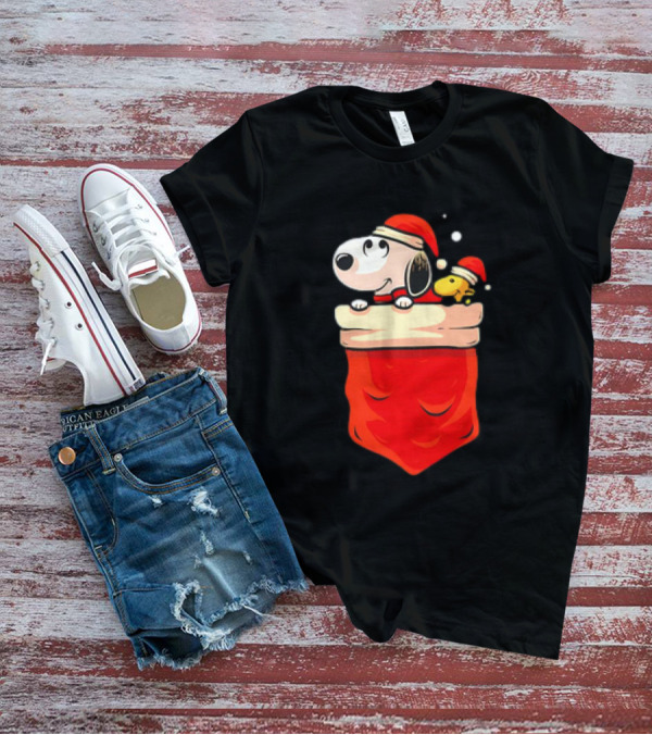 Snoopy And Woodstock Christmas Santa Hats In Red Pocket T-Shirt