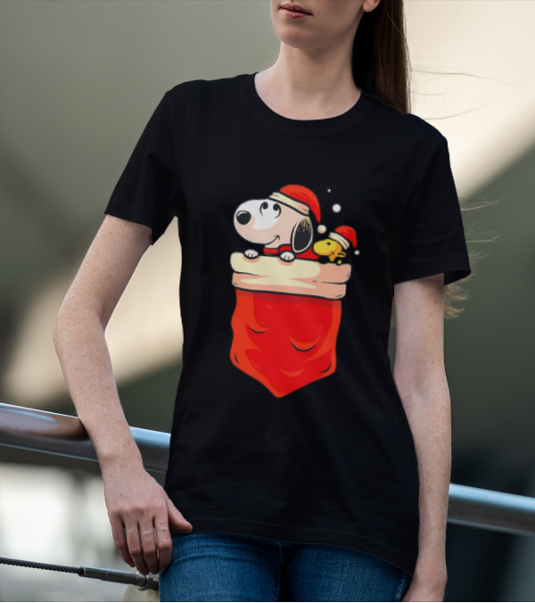 Snoopy And Woodstock Christmas Santa Hats In Red Pocket T-Shirt