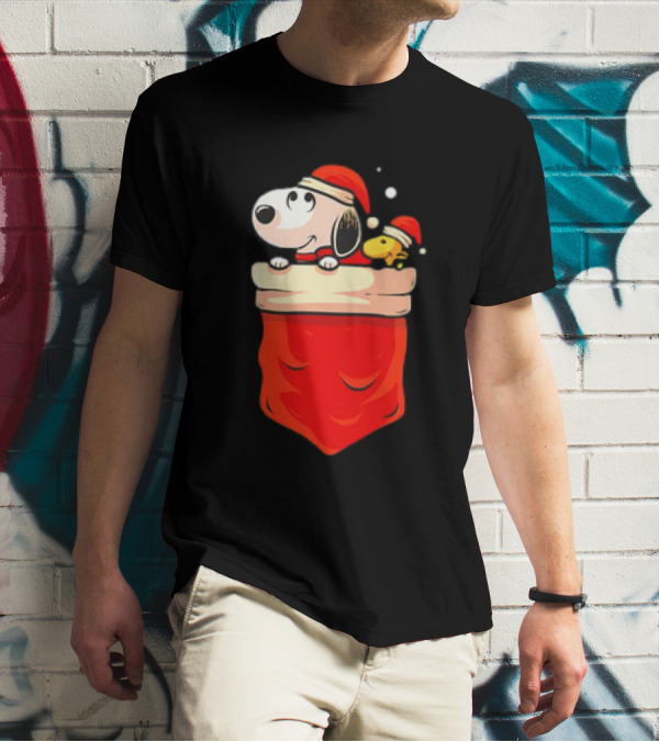 Snoopy And Woodstock Christmas Santa Hats In Red Pocket T-Shirt