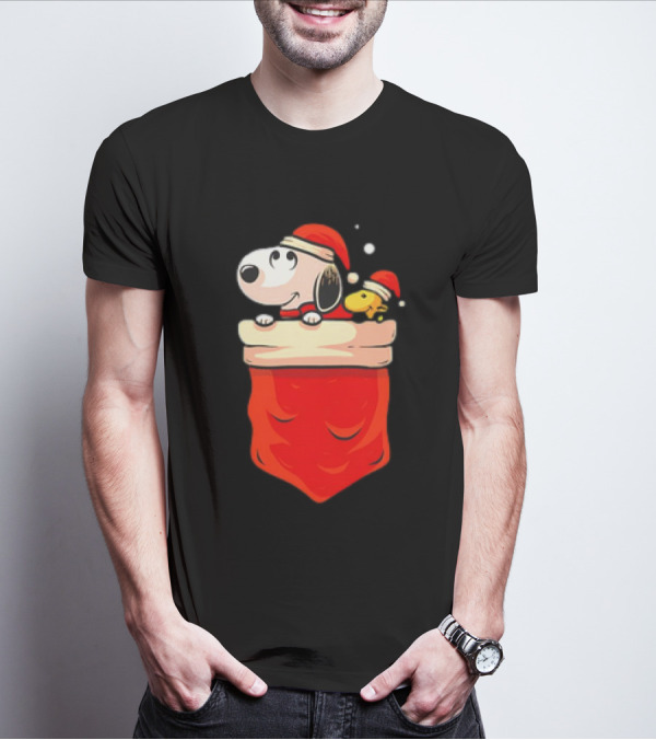 Snoopy And Woodstock Christmas Santa Hats In Red Pocket T-Shirt