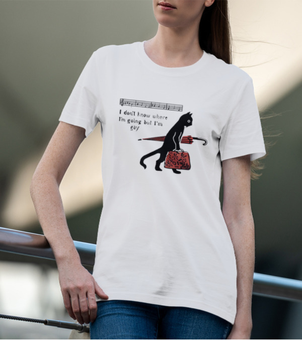 I Don't Know Where I'm Going But I'm Gay Cat With Umbrella And Bag T-Shirt