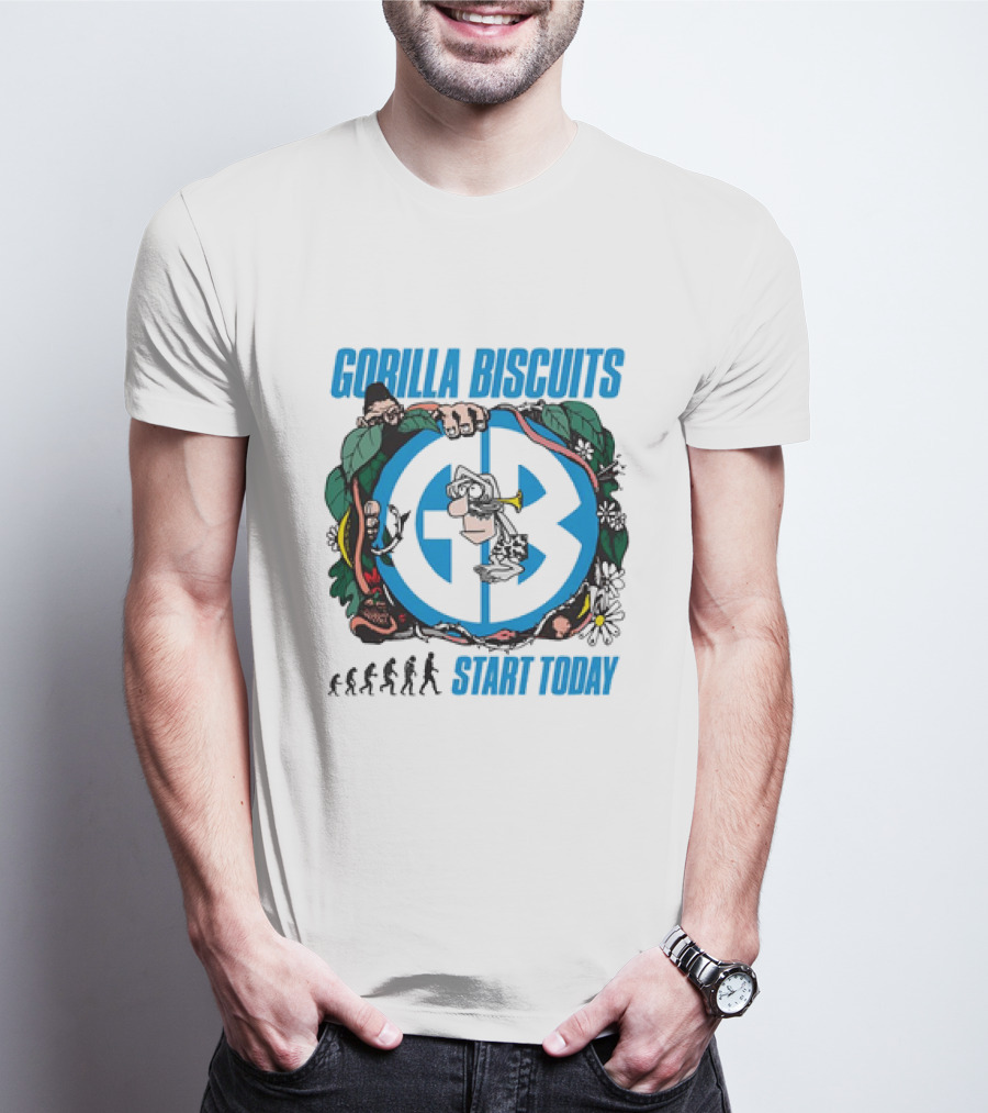 Gorilla Biscuits Start Today Evolution Theme Logo With Characters And Nature Elements T-Shirt