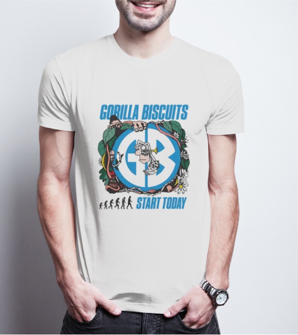 Gorilla Biscuits Start Today Evolution Theme Logo With Characters And Nature Elements T-Shirt