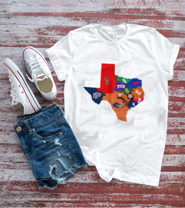Map Of Texas College Football Teams Featuring TCU Baylor Texas A&M Texas Tech UTEP T-Shirt
