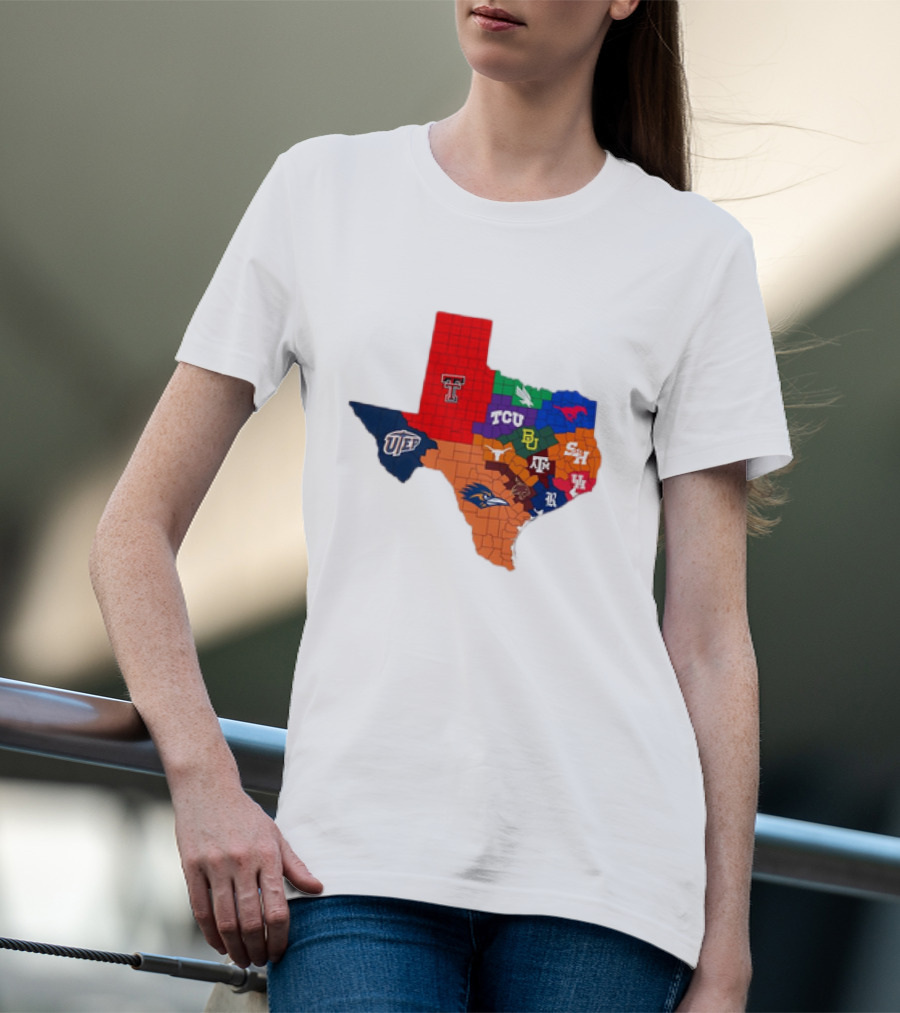 Map Of Texas College Football Teams Featuring TCU Baylor Texas A&M Texas Tech UTEP T-Shirt