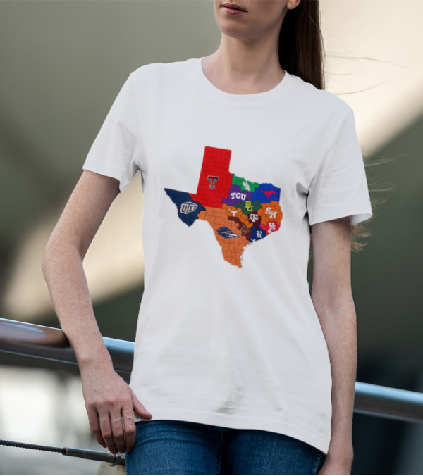 Map Of Texas College Football Teams Featuring TCU Baylor Texas A&M Texas Tech UTEP T-Shirt