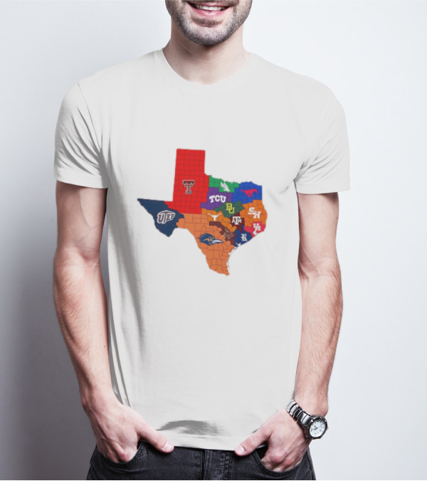 Map Of Texas College Football Teams Featuring TCU Baylor Texas A&M Texas Tech UTEP T-Shirt
