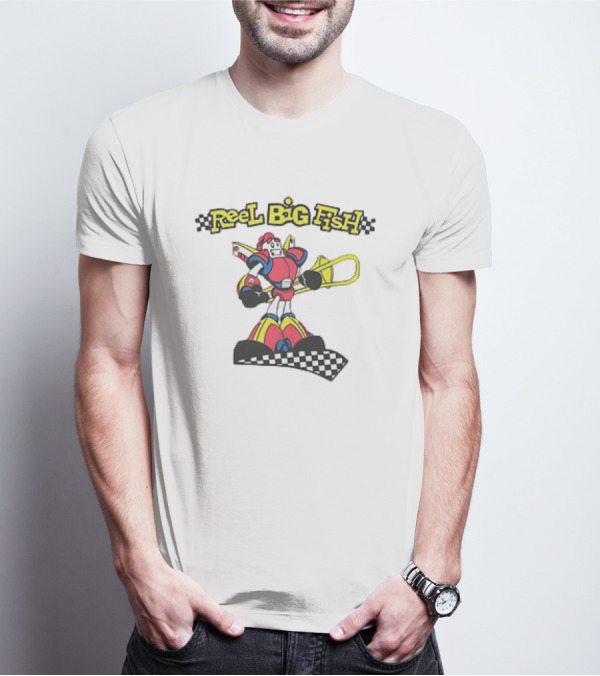 Reel Big Fish Robot Character With Trombone And Checkerboard T-Shirt
