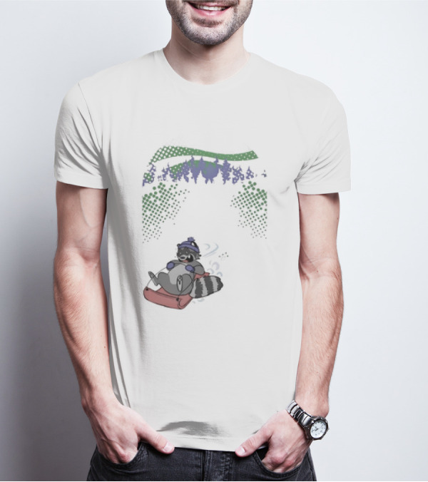 Raccoon Sledding In Winter Forest Scene With Evergreen Trees And Snowflakes T-Shirt
