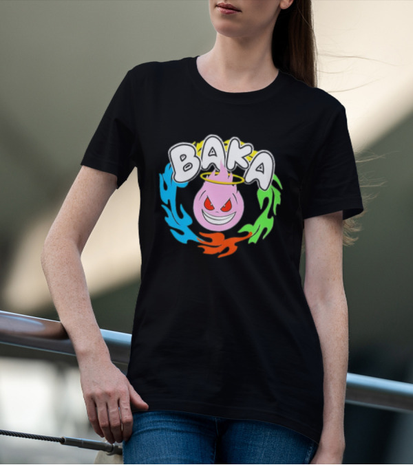 Baka Cartoon Flame With Mischievous Expression Surrounded By Colorful Fire Halo T-Shirt