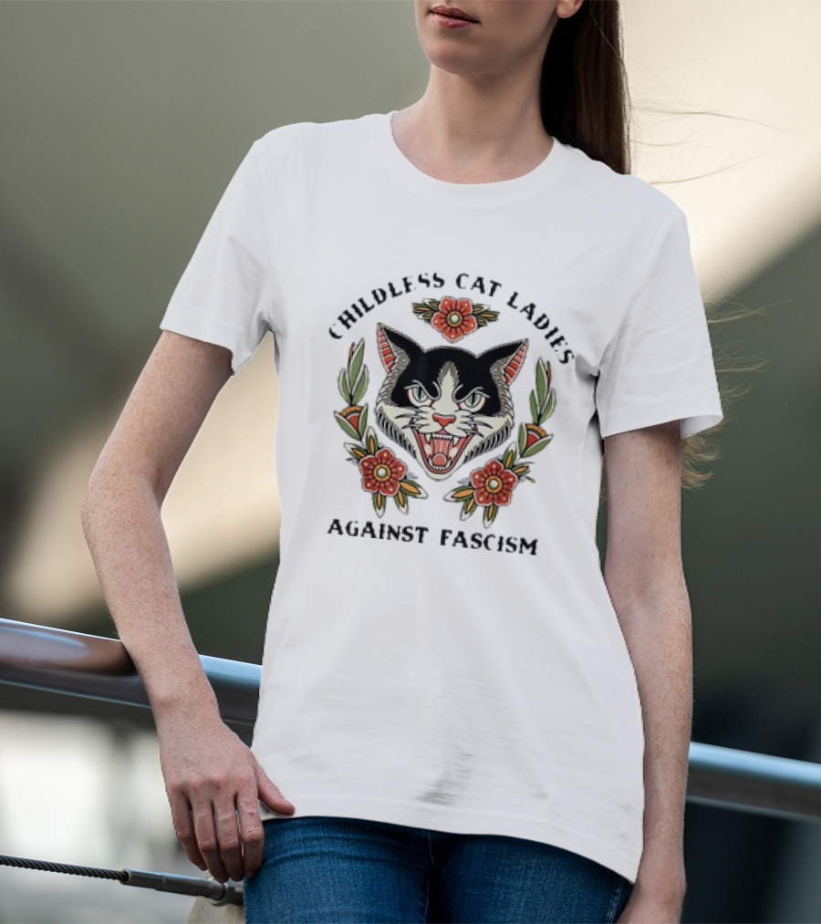 Childless Cat Ladies Against Fascism Fierce Cat Floral Emblem T-Shirt