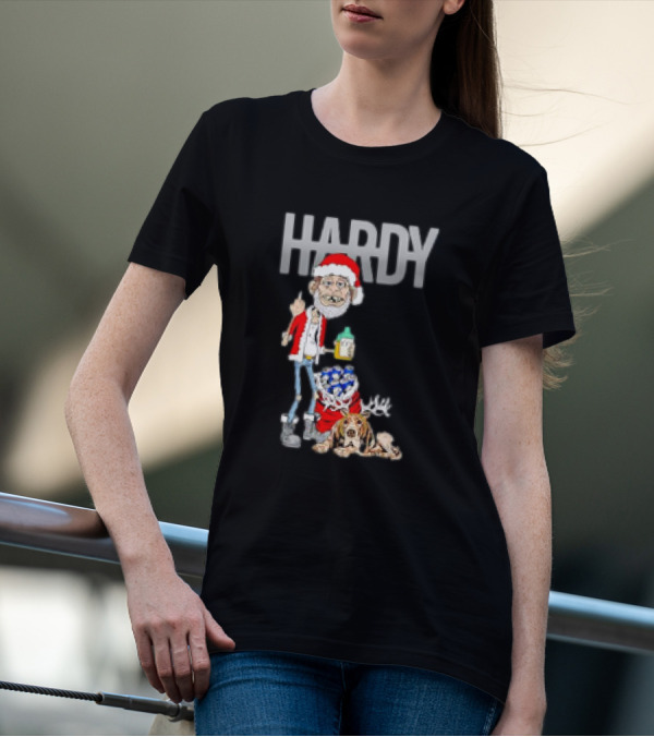 Hardy Jim Bob Holiday Christmas Santa With Beer And Reindeer Dog T-Shirt