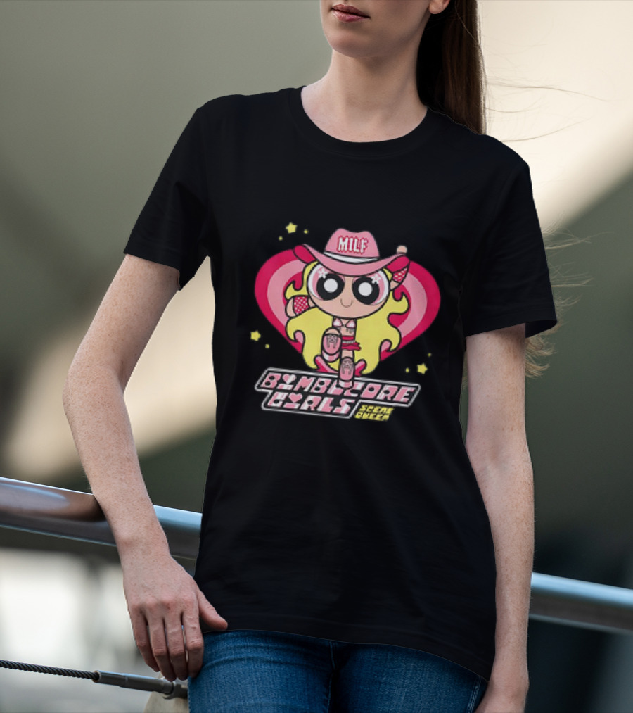 Bimbocore Girls Scene Queen Powerpuff MILF Cowboy Hat Pink Heart Flame T-Shirt