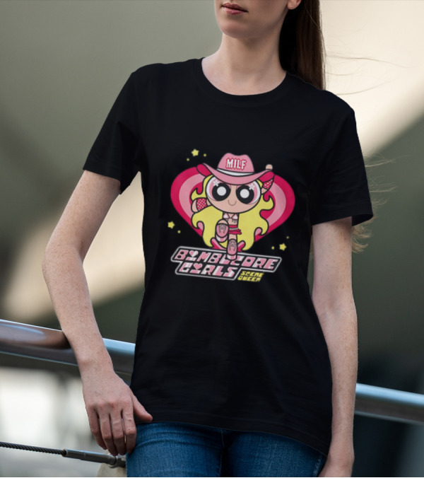 Bimbocore Girls Scene Queen Powerpuff MILF Cowboy Hat Pink Heart Flame T-Shirt