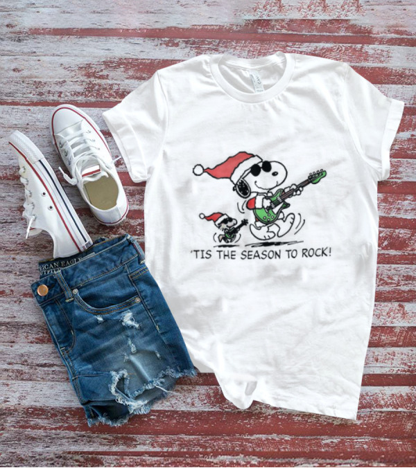 Snoopy Woodstock Peanuts 'Tis The Season To Rock Christmas With Santa Hats And Guitars T-Shirt