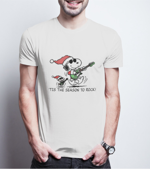 Snoopy Woodstock Peanuts 'Tis The Season To Rock Christmas With Santa Hats And Guitars T-Shirt