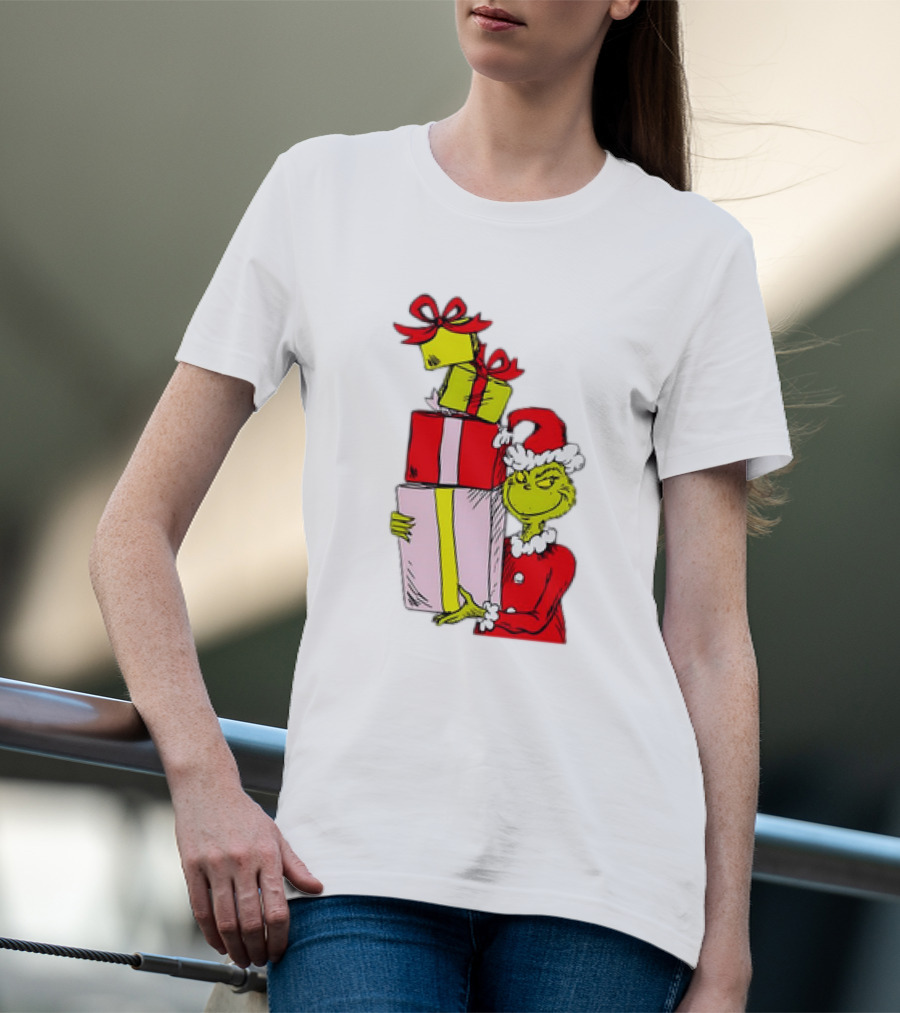 Grinch With Stacked Christmas Gifts Santa T-Shirt