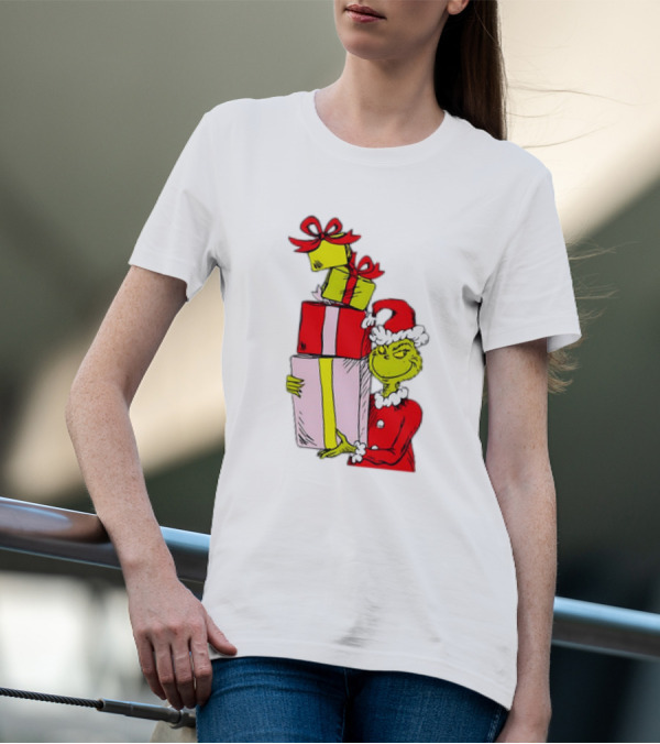 Grinch With Stacked Christmas Gifts Santa T-Shirt