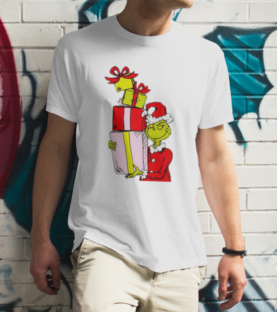 Grinch With Stacked Christmas Gifts Santa T-Shirt