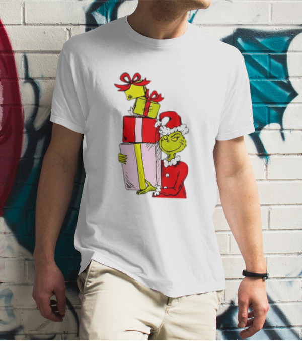 Grinch With Stacked Christmas Gifts Santa T-Shirt