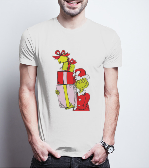 Grinch With Stacked Christmas Gifts Santa T-Shirt