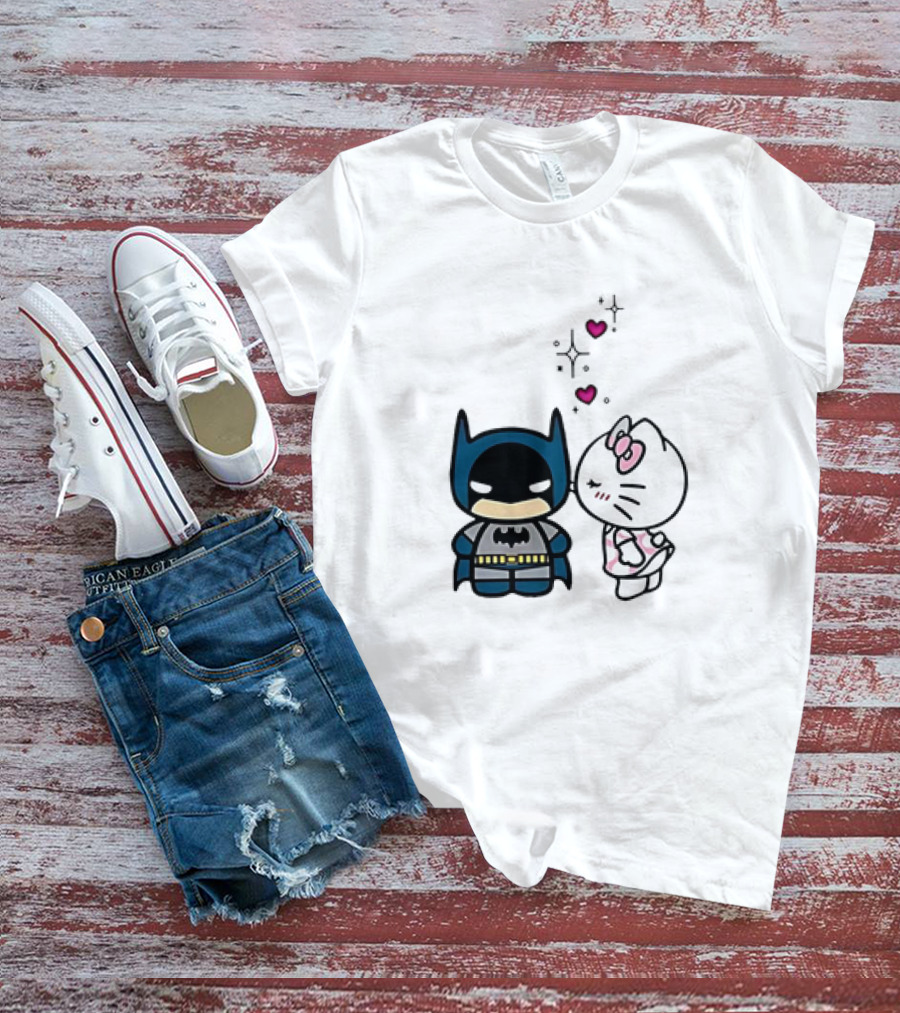 Hello Kitty Kissing Batman With Hearts And Sparkles T-Shirt